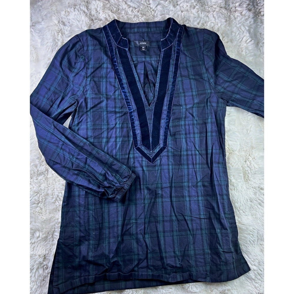 J.CREW Womens XS Blue Green Plaid Tunic Blouse V-Neck Long Sleeve Velvet. A27